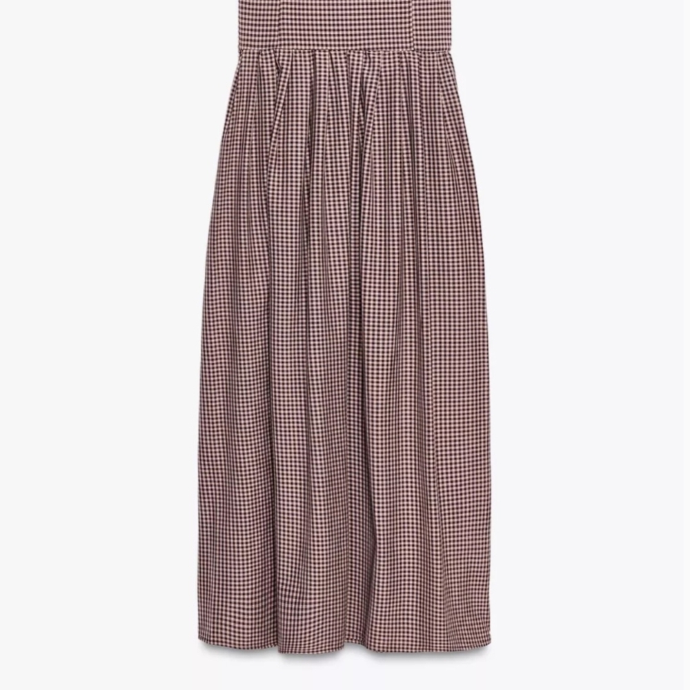 NWT Zara Strapless Gingham Patterned Midi Dress in Burgundy/White - S - Picture 9 of 16